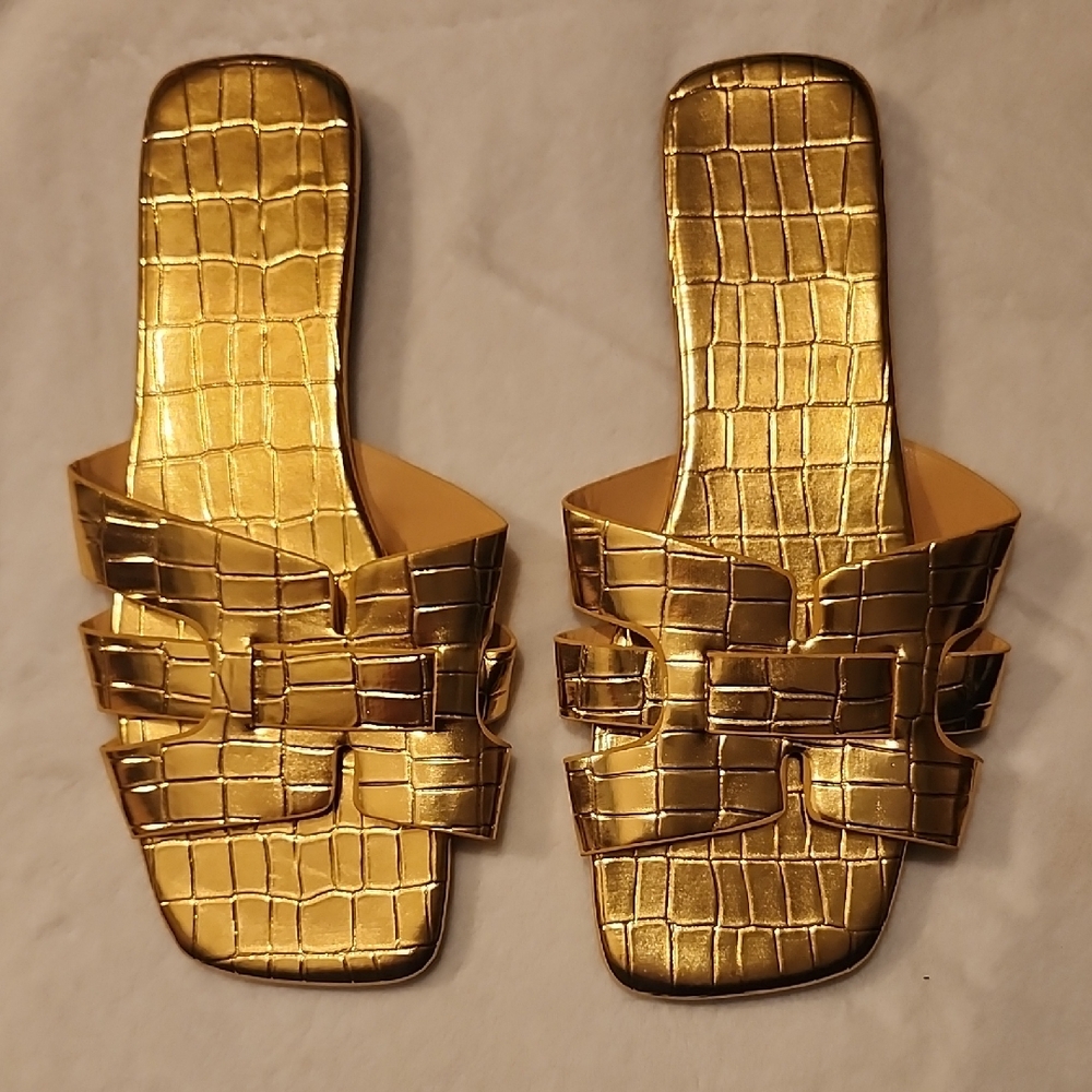 Gold Croc-Embossed Slide Sandals